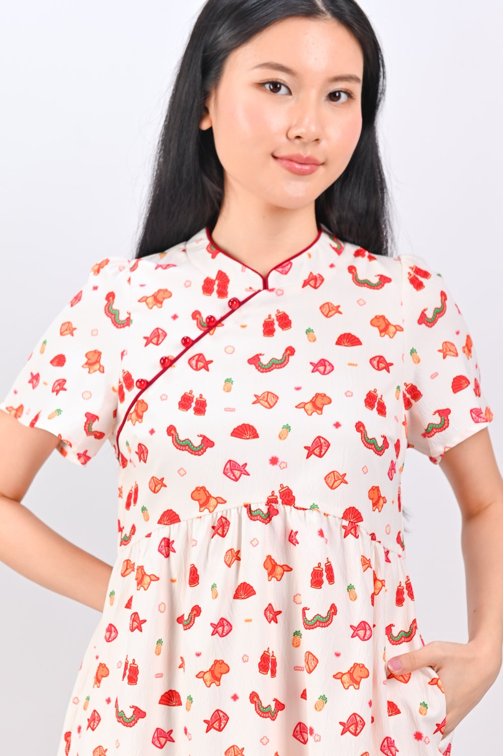LUCKY CHARMS SLEEVED CHEONGSAM DRESS