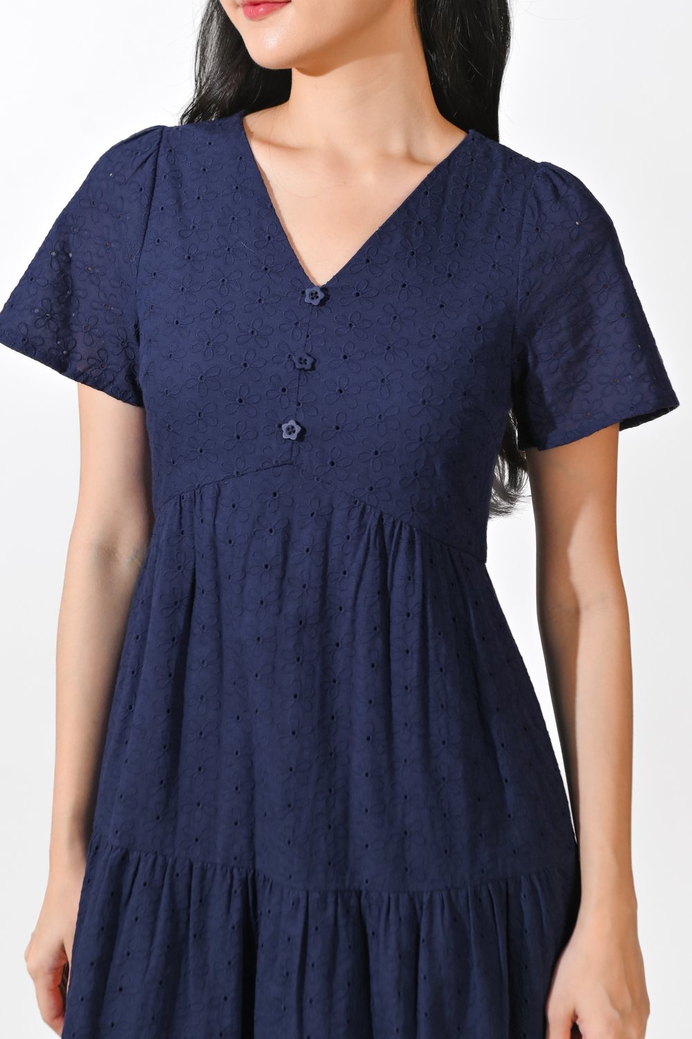 PETUNIA EYELET TIERED MIDAXI DRESS IN NAVY