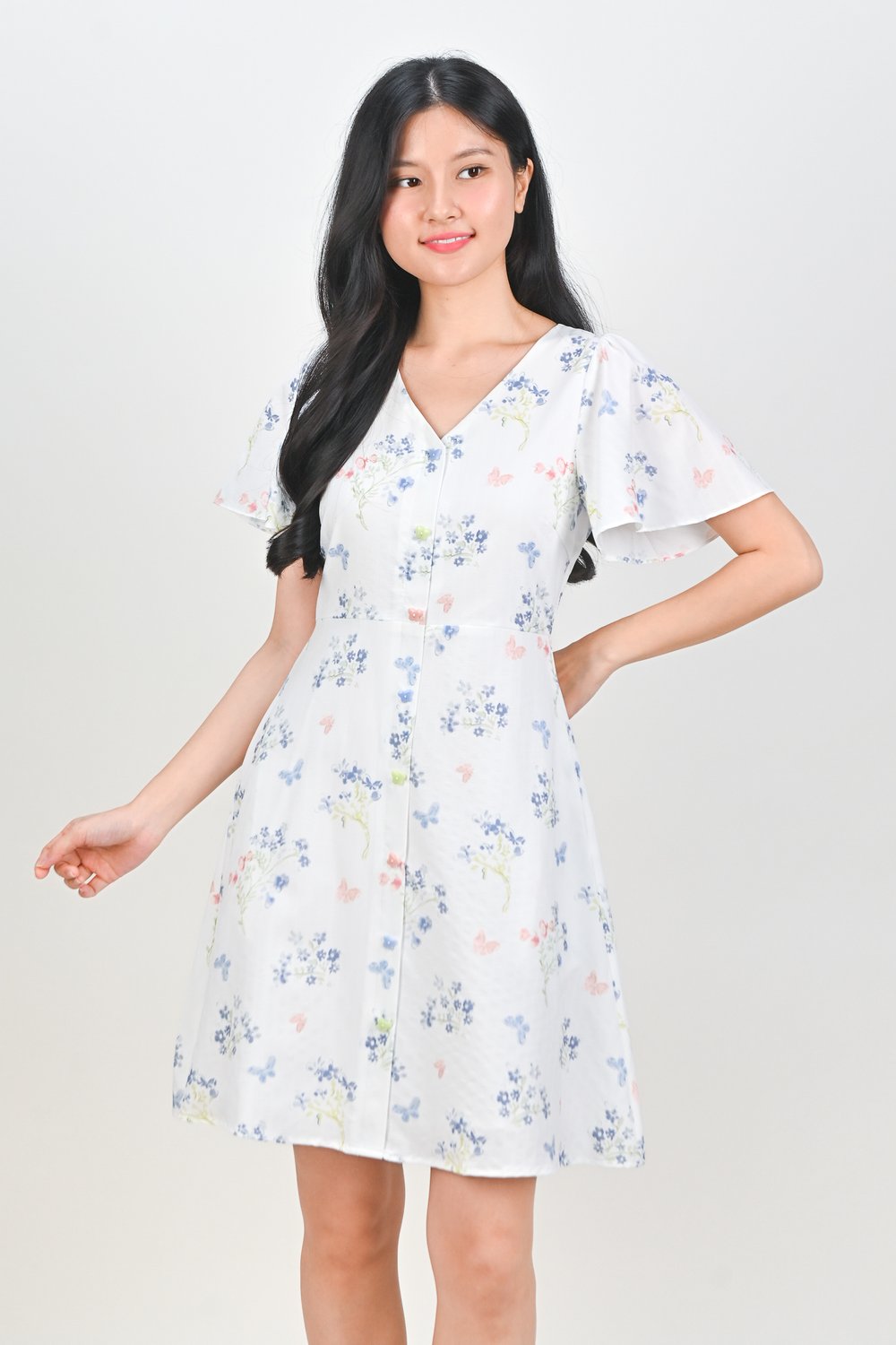 TOLLIA WHITE GARDEN SLEEVED BUTTON DRESS