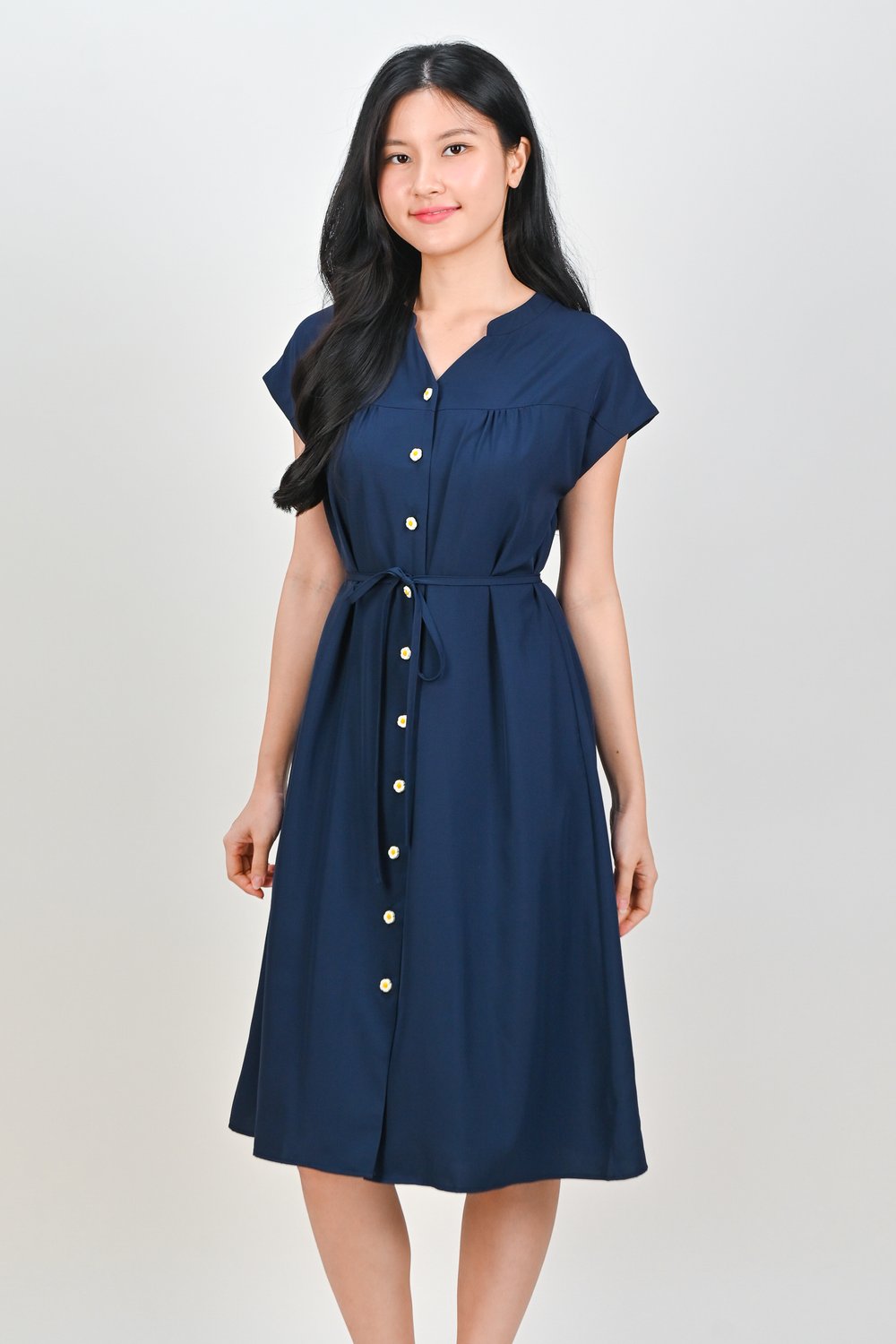 ERREN FLOWER-BUTTON DRESS IN NAVY