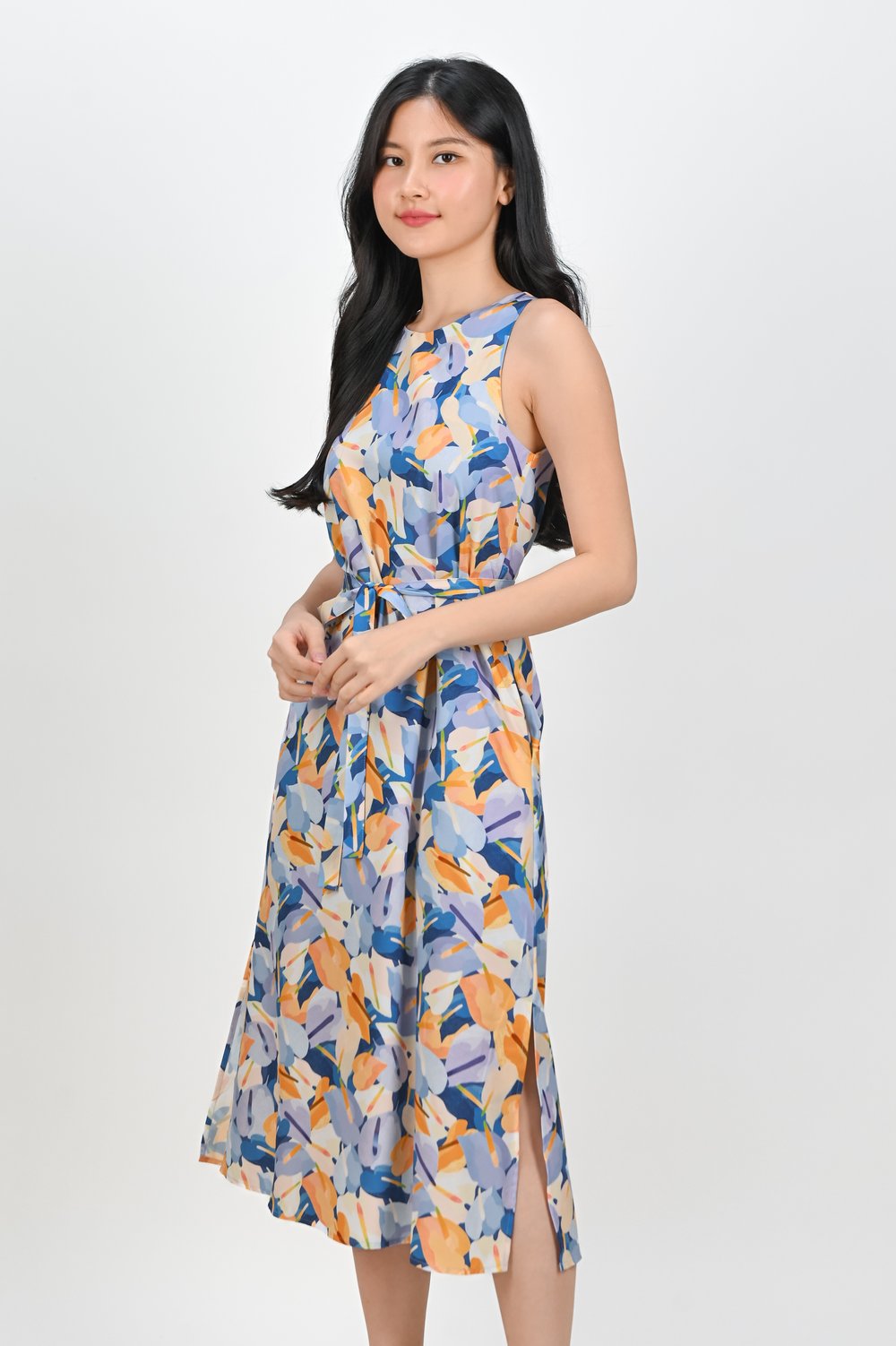 BLUE LACELEAF SIDE-SLIT MIDI DRESS