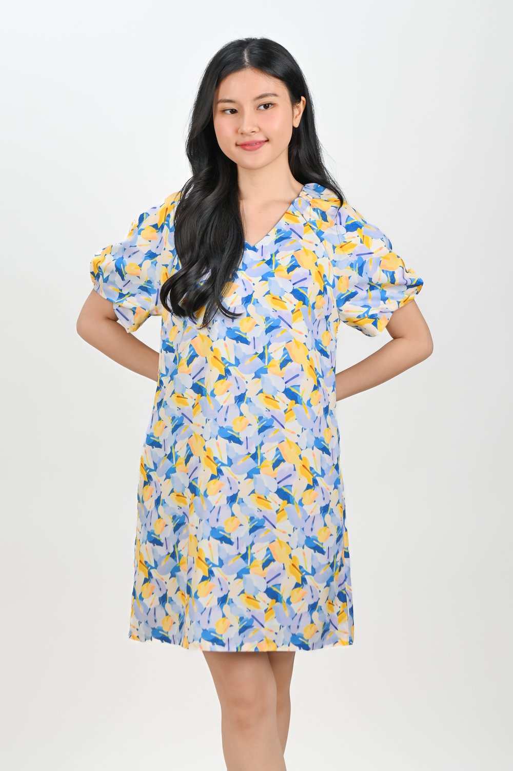 BLUE LACELEAF PUFF-SLEEVED SHIFT DRESS