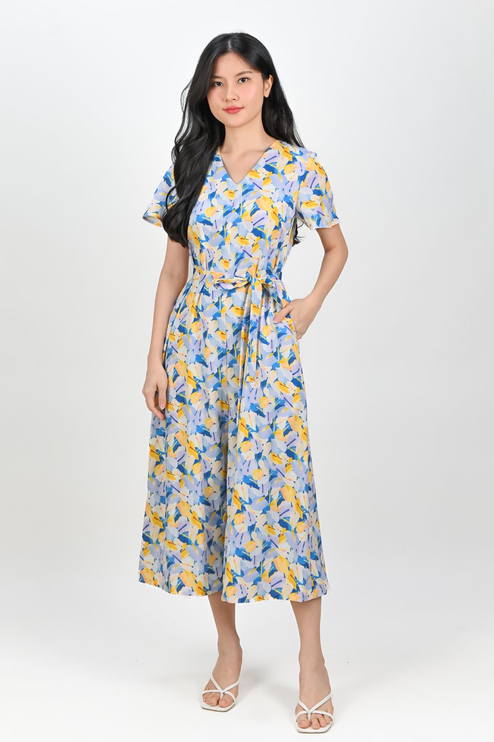 BLUE LACELEAF V-NECK SLEEVED JUMPSUIT