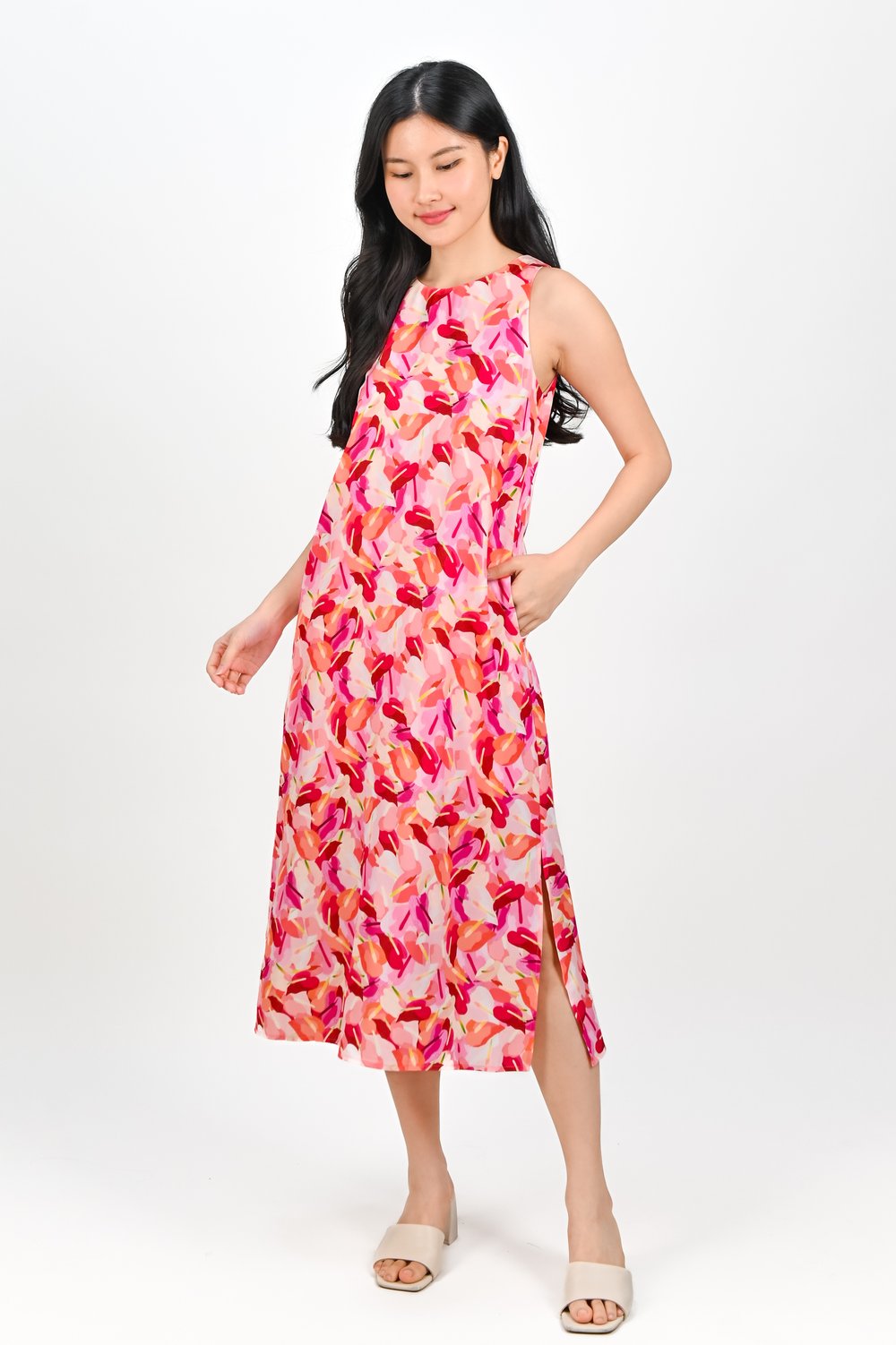 PINK LACELEAF SIDE-SLIT MIDI DRESS