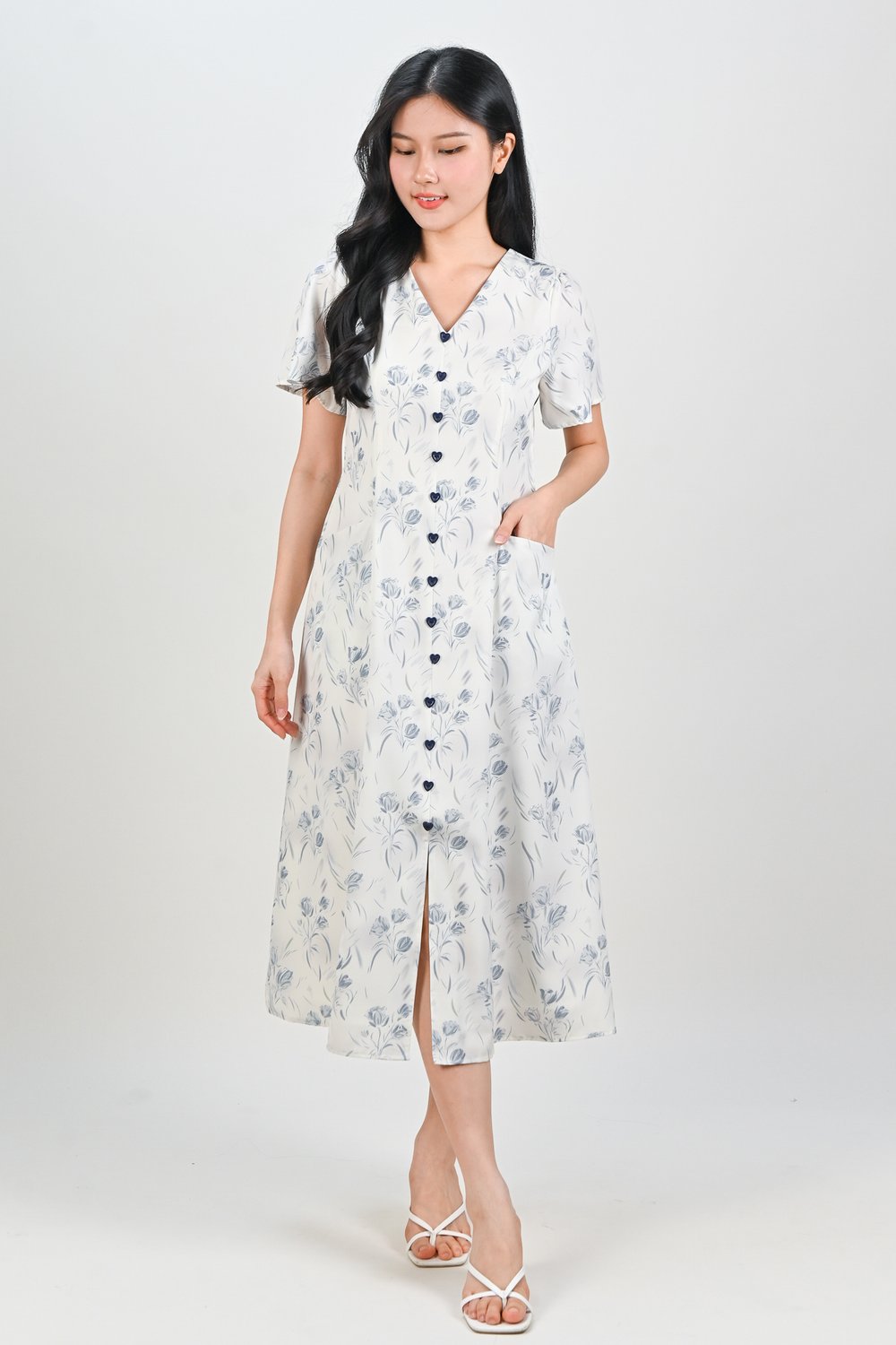 LALEH ABSTRACT SLEEVED HEART-BUTTON MIDI DRESS