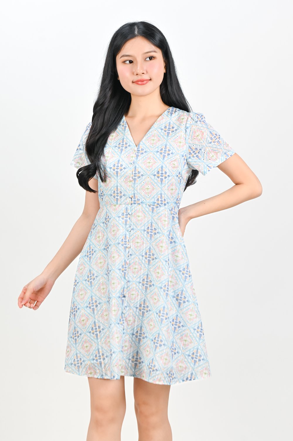 ZUZU SLEEVED BUTTON DRESS IN BLUE PATTERN