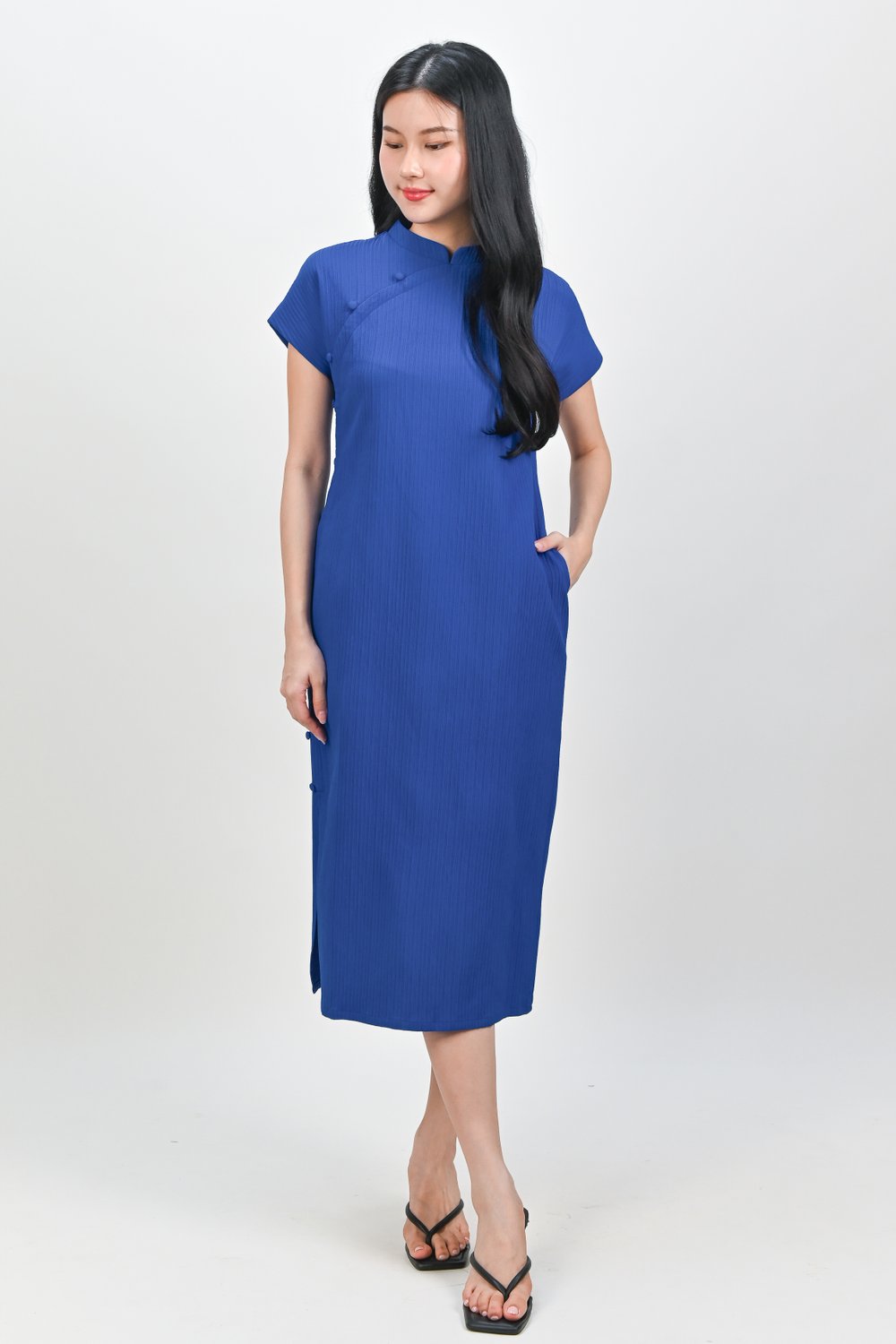 ANYA CHEONGSAM MIDI DRESS IN COBALT BLUE