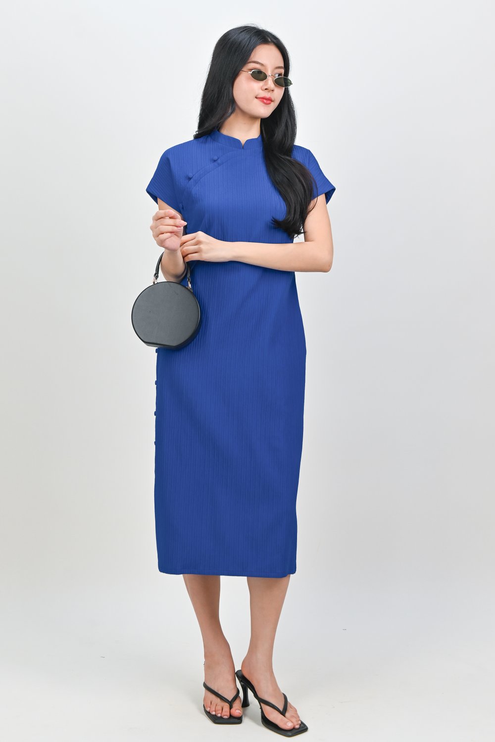 ANYA CHEONGSAM MIDI DRESS IN COBALT BLUE