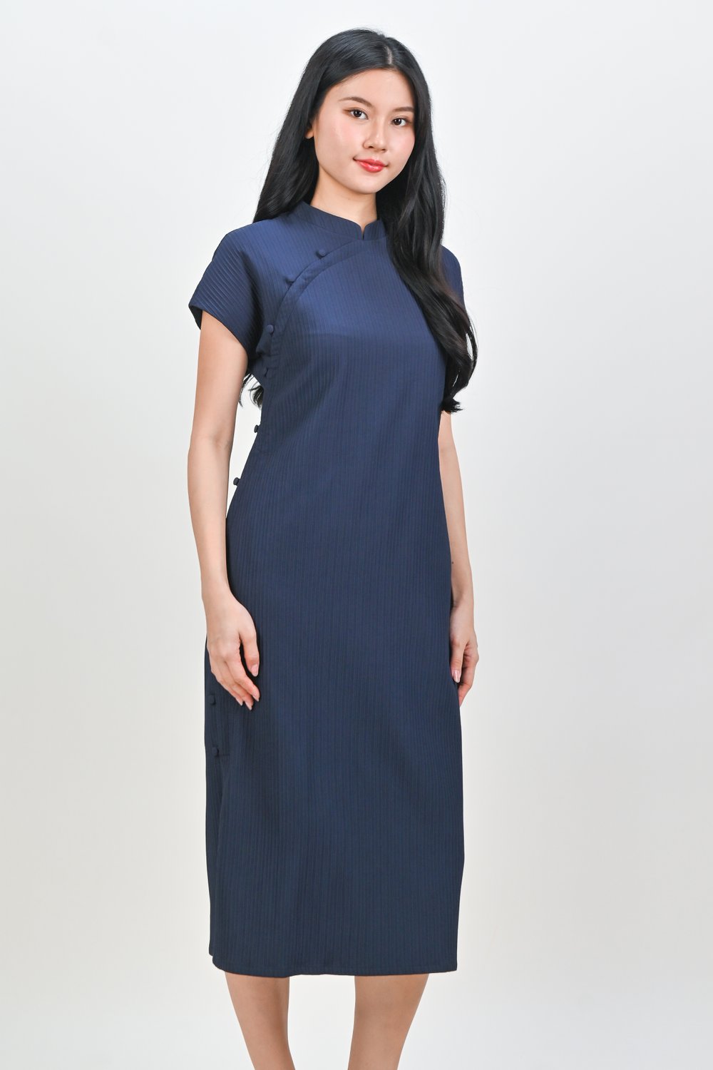 ANYA CHEONGSAM MIDI DRESS IN NAVY