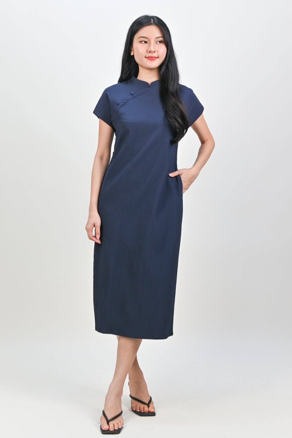 ANYA CHEONGSAM MIDI DRESS IN NAVY