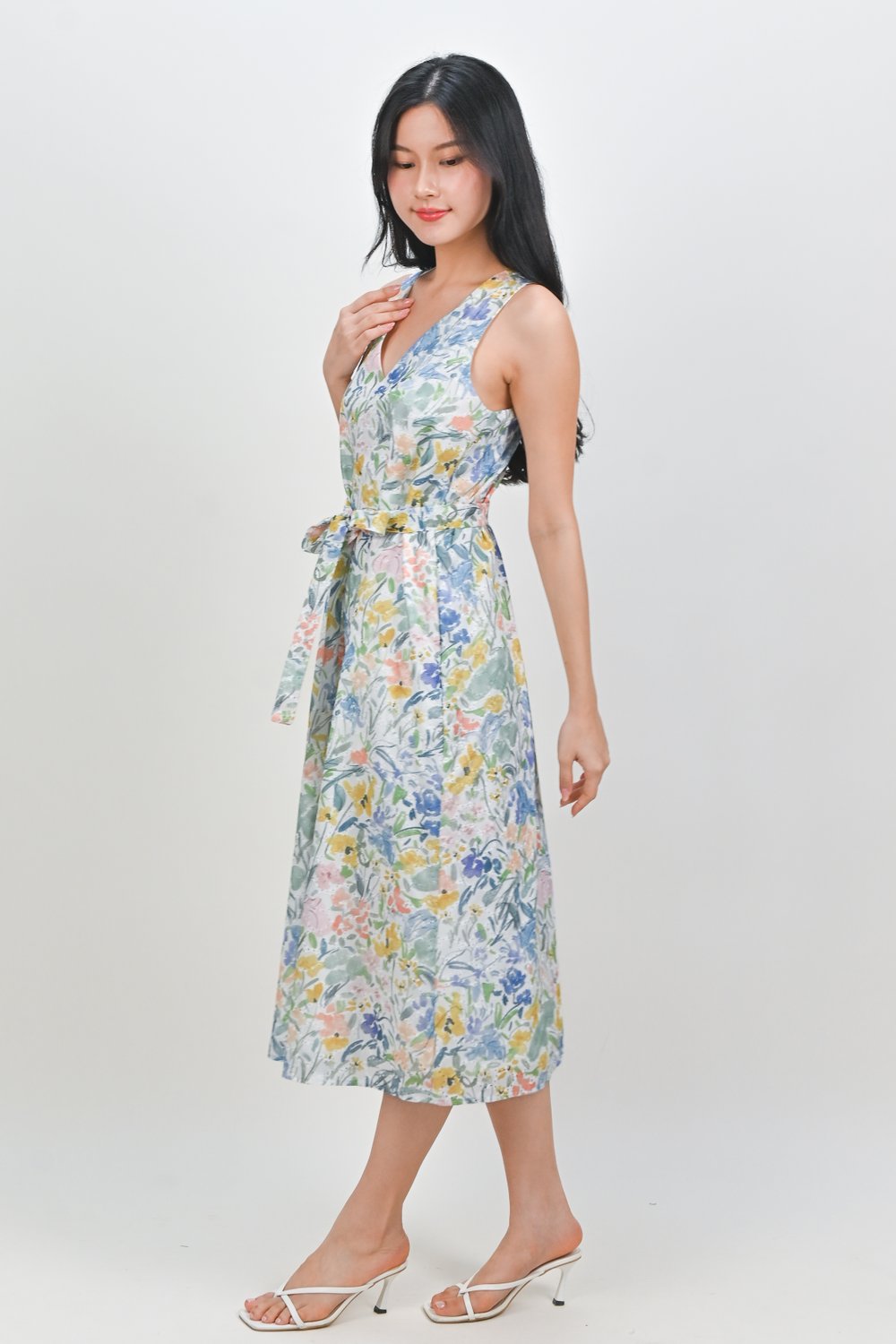 BRINDLEY WATERCOLOUR SLEEVELESS A-LINE DRESS IN BLUE/YELLOW