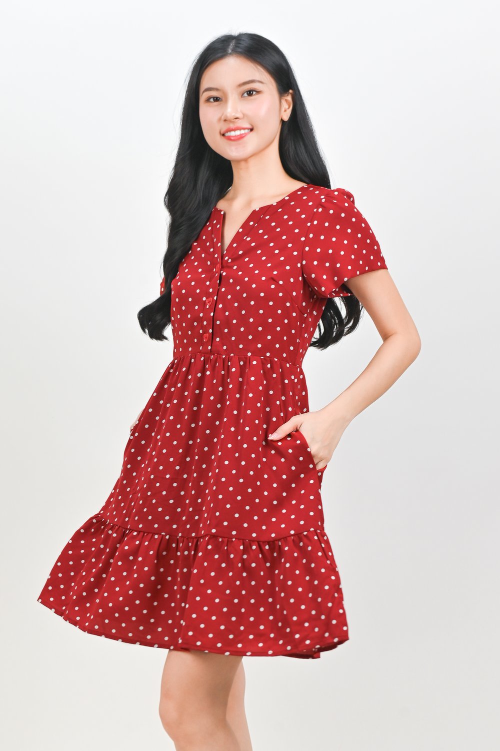 MOMOKO RED POLKA BUTTON FLOUNCE DRESS