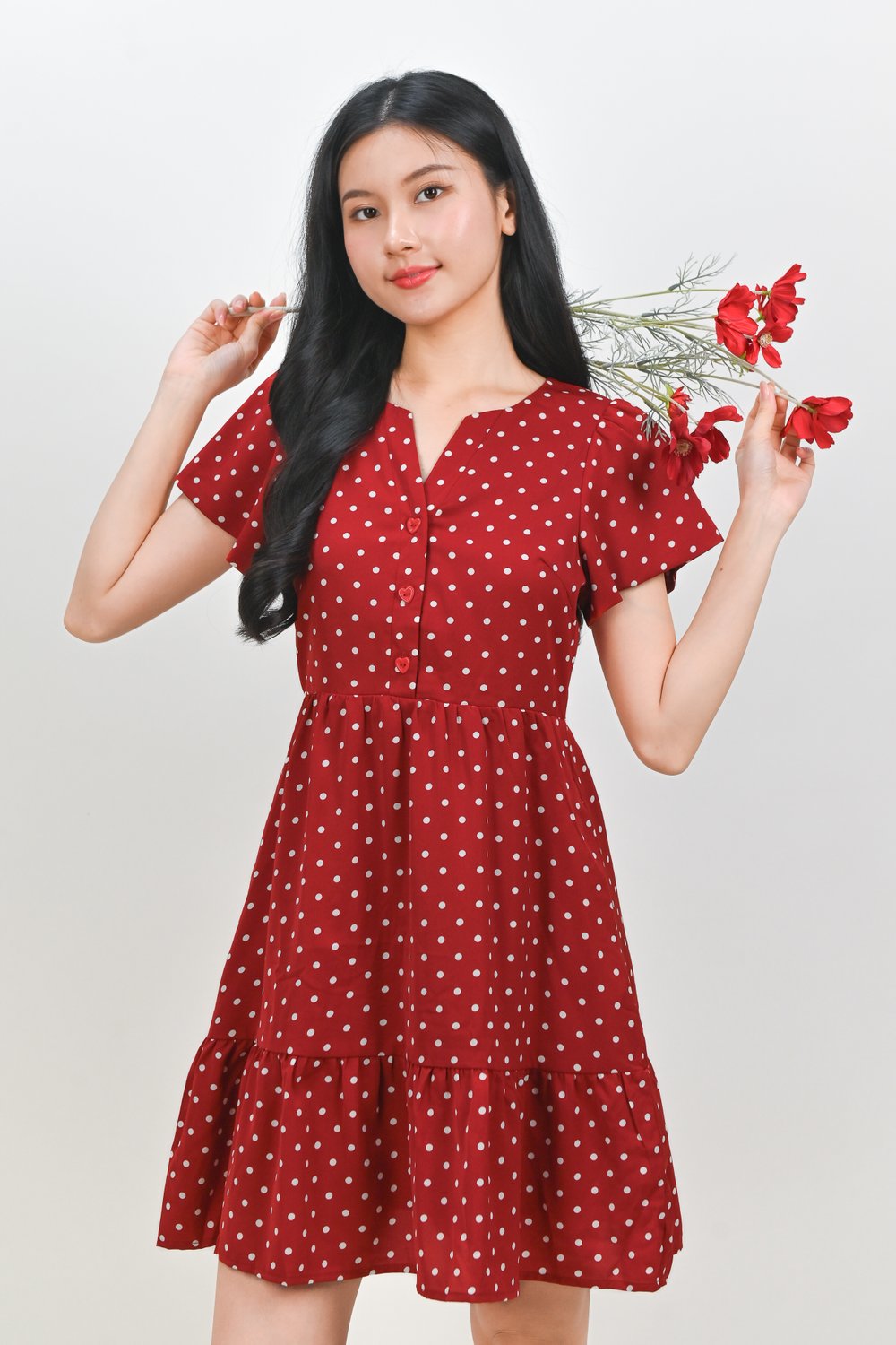 MOMOKO RED POLKA BUTTON FLOUNCE DRESS