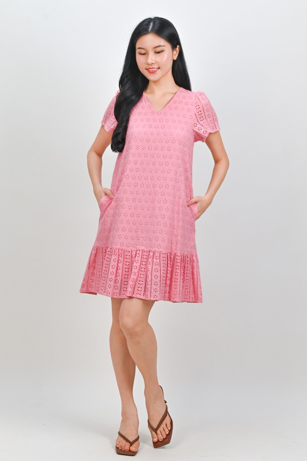 ELETTRA EYELET SLEEVED DROPWAIST DRESS IN PINK