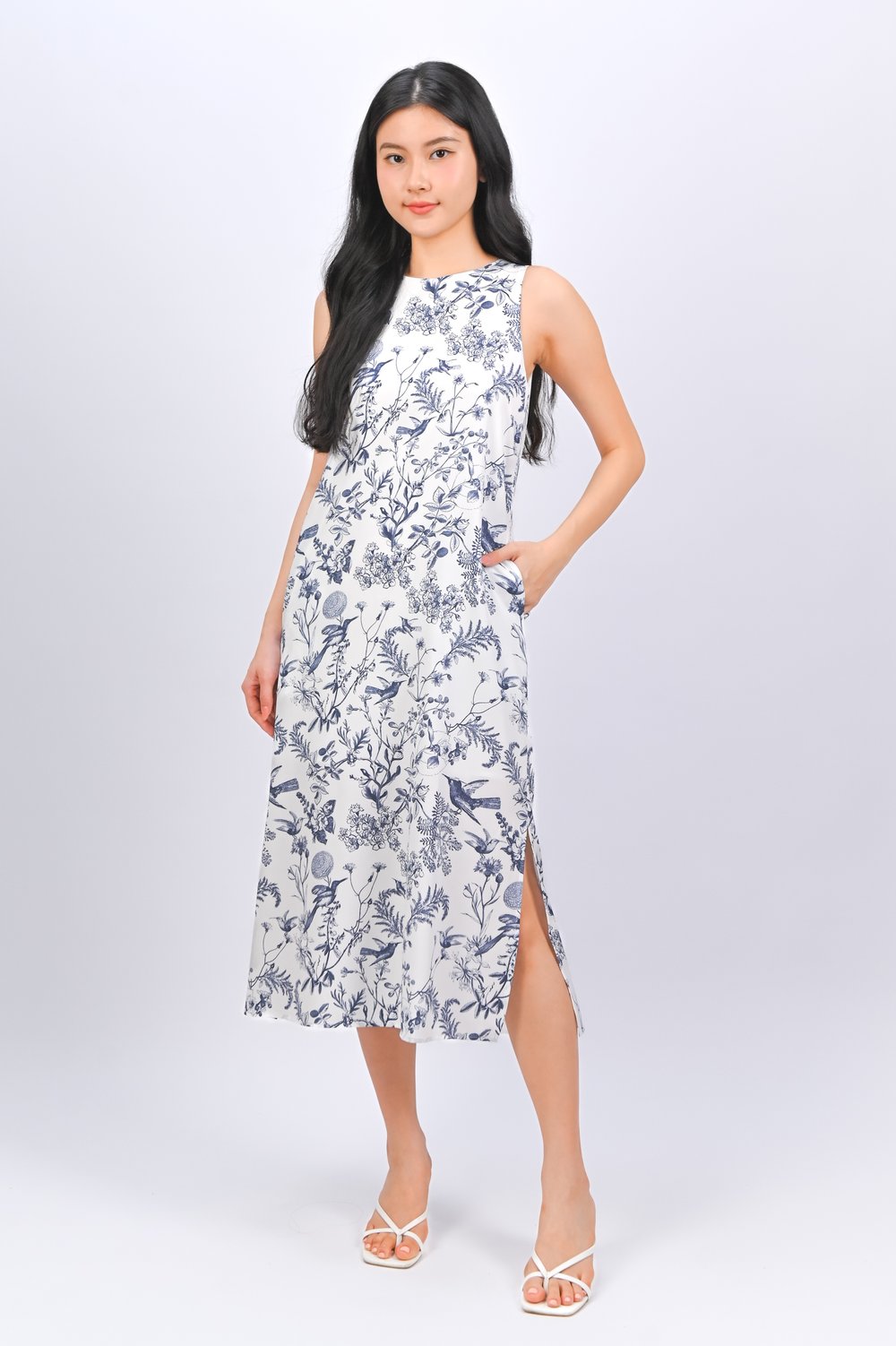 NAVY HUMMINGBIRD NEW SIDE-SLIT MIDI DRESS