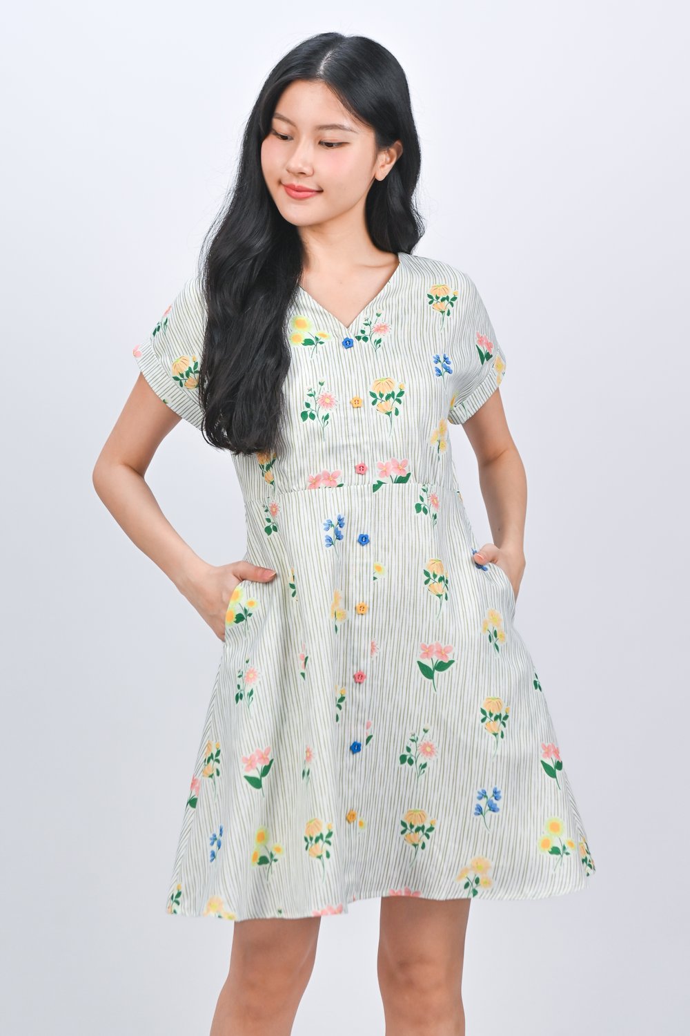 DEYA FLORAL SLEEVED BUTTON DRESS IN GREEN