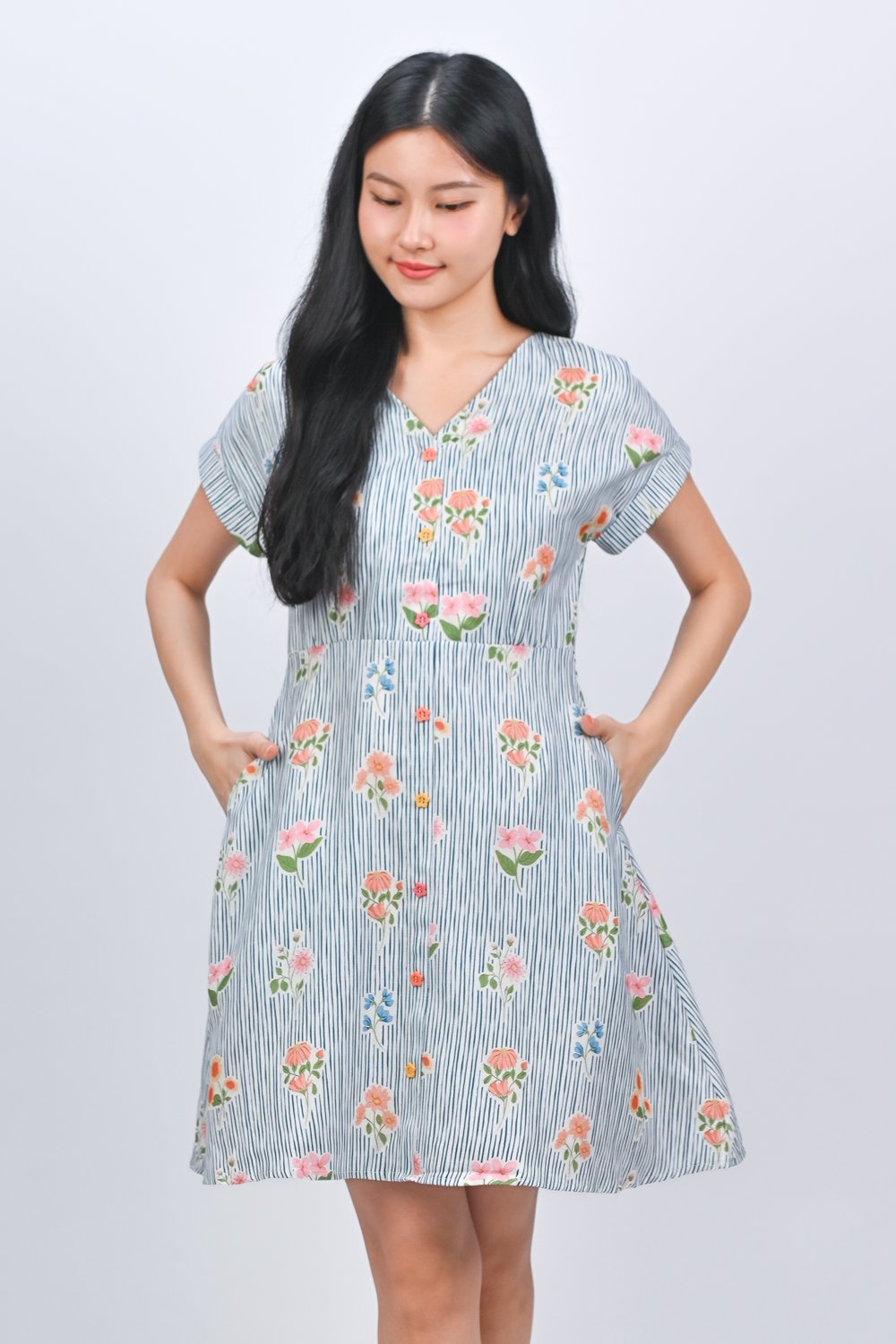 DEYA FLORAL SLEEVED BUTTON DRESS IN BLUE