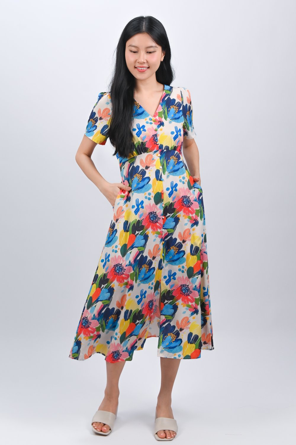MORWENNA SLEEVED BUTTON MIDI DRESS IN VIBRANT FLORAL