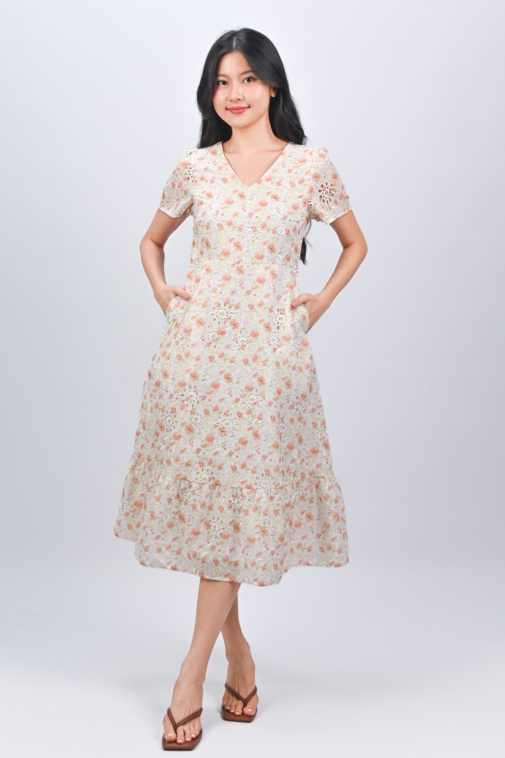 SADIE ORANGE FLORAL EYELET SLEEVED MIDI DRESS