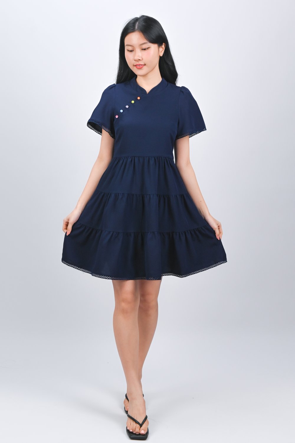 SUMIN SLEEVED CHEONGSAM BABYDOLL DRESS IN NAVY