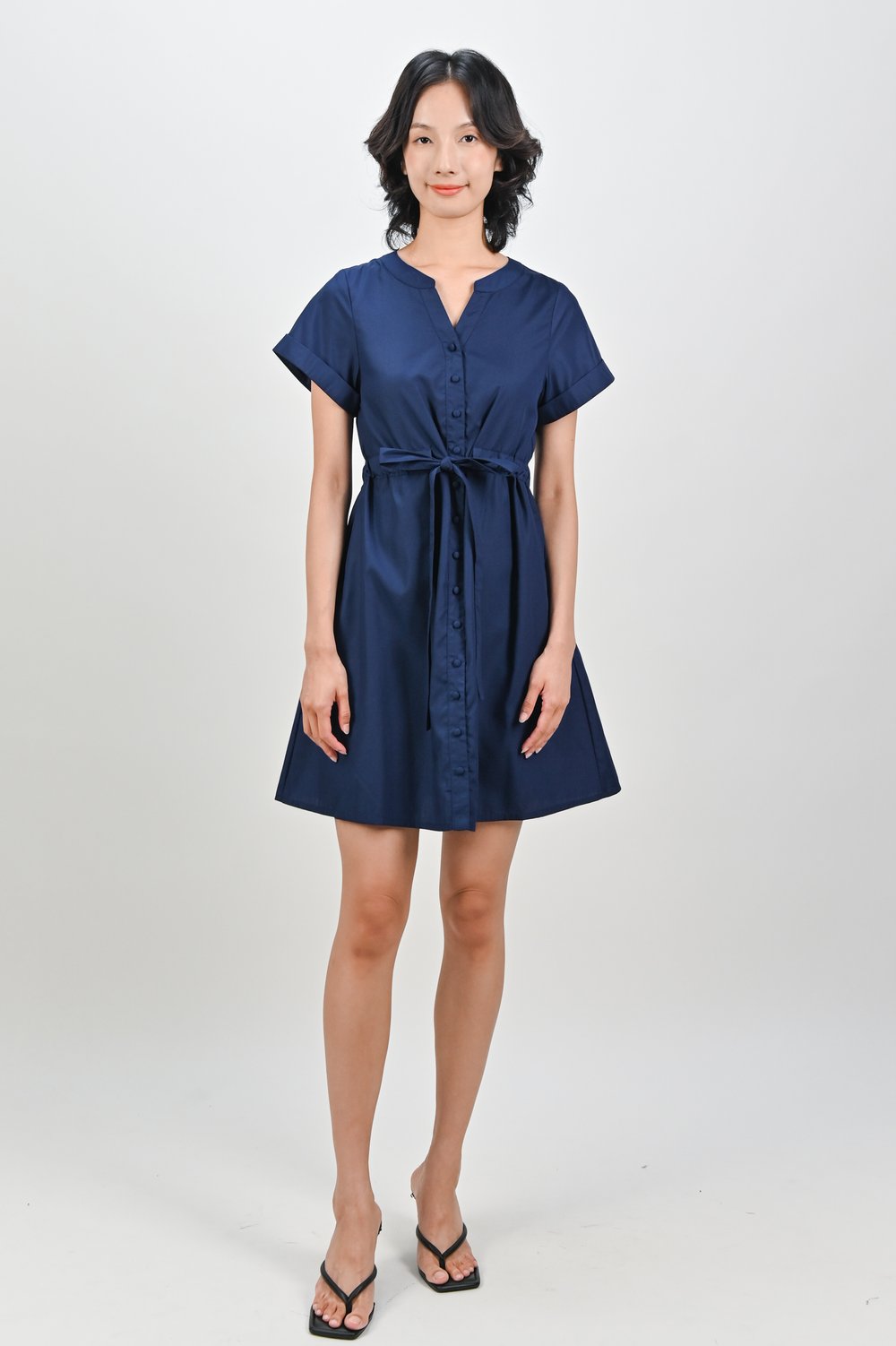 JUNO SLEEVED DRAWSTRING-WAIST SHIRT-DRESS IN NAVY