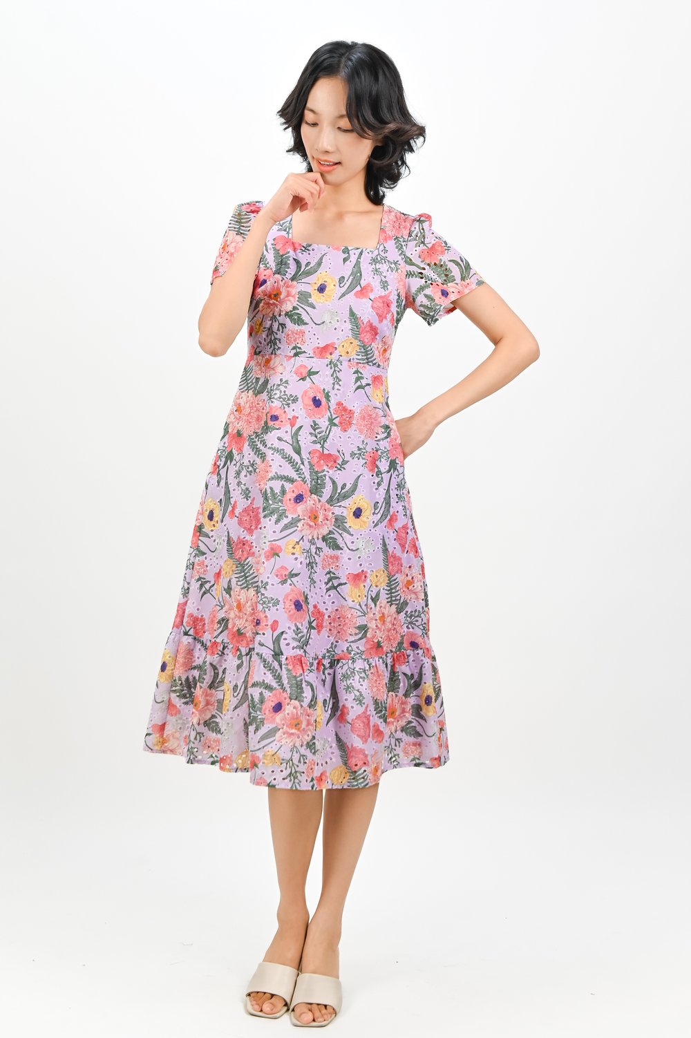 WINTRE LILAC EYELET FLORAL SQUARE-NECK SLEEVED MIDI DRESS