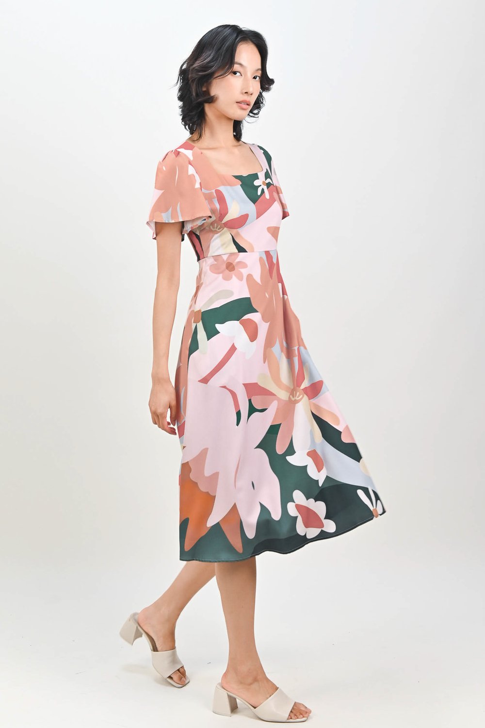 TEAL GARDENS SQUARE-NECK SLEEVED MIDI DRESS