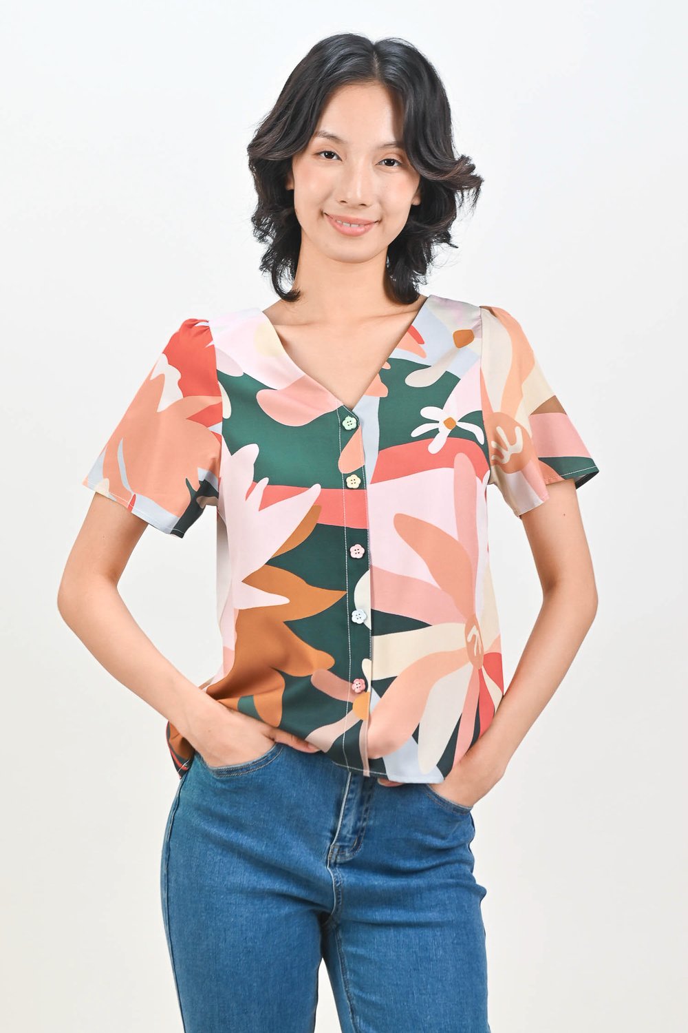 TEAL GARDENS SLEEVED TOP