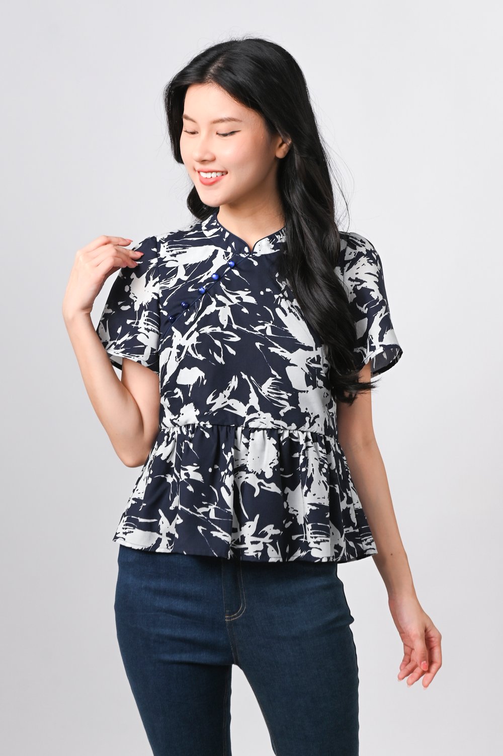 MIDNIGHT BRUSH SLEEVED CHEONGSAM TOP