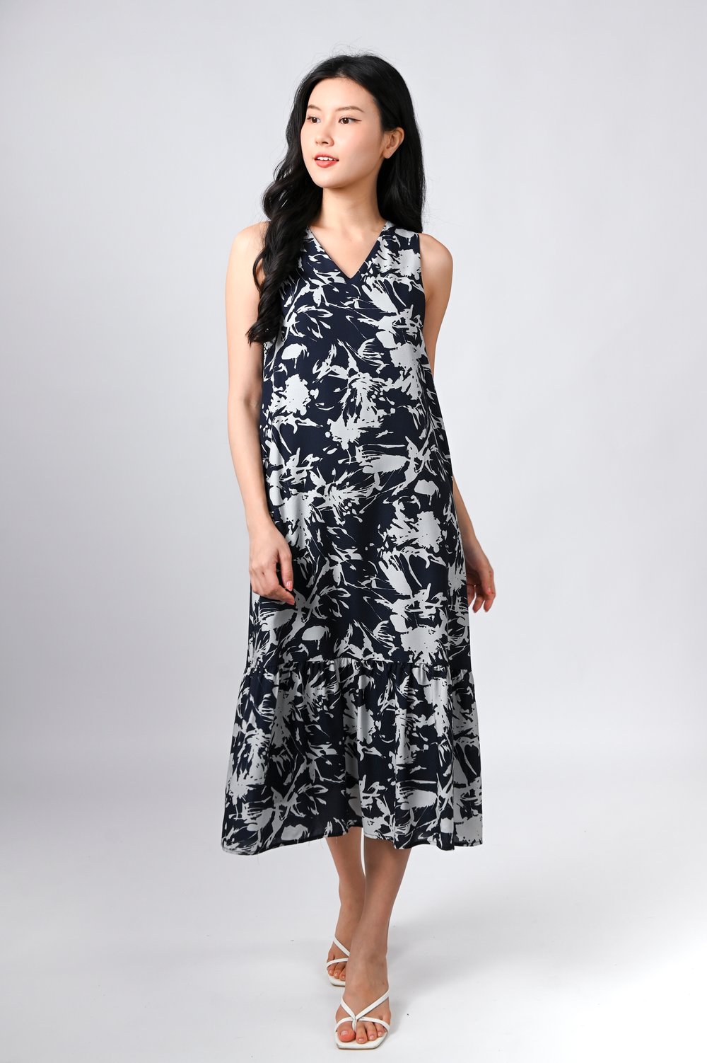 MIDNIGHT BRUSH SLEEVELESS DROPWAIST MIDI DRESS