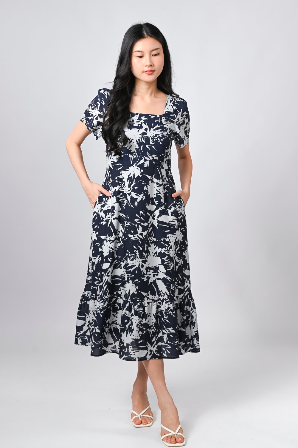 MIDNIGHT BRUSH SQUARE-NECK SLEEVED MIDI DRESS
