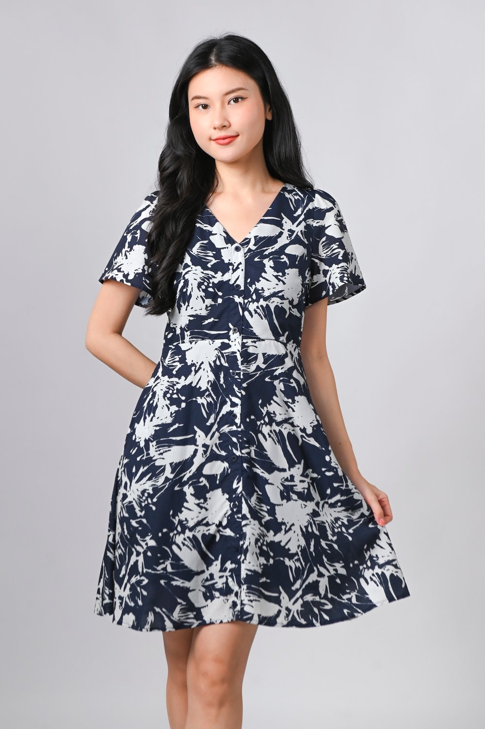 MIDNIGHT BRUSH SLEEVED SHORT BUTTON DRESS
