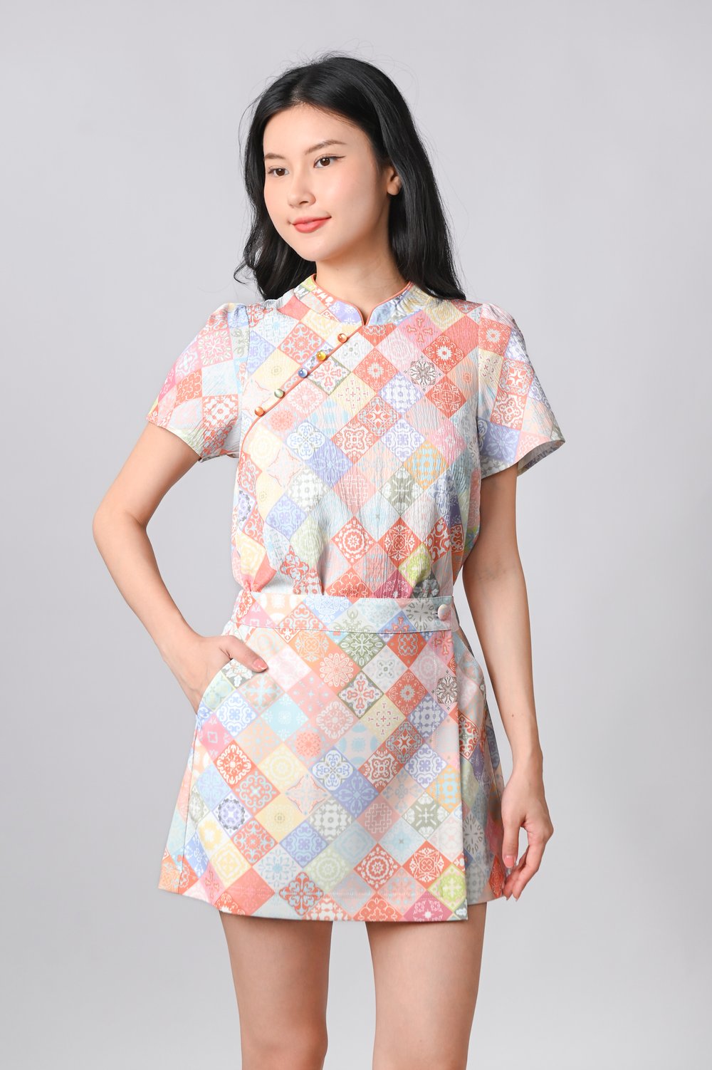 DIAMOND VINTAGE TILES ELASTIC-WAIST SKORTS