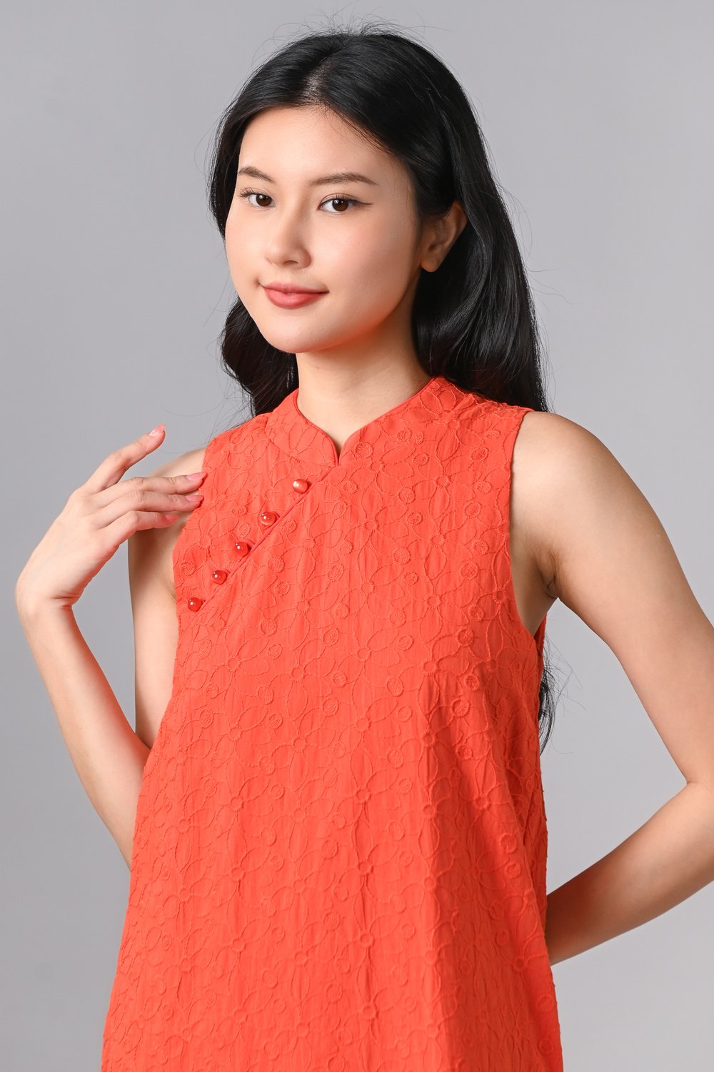 YUZHE ORANGE EMB. SLEEVELESS CHEONGSAM DRESS