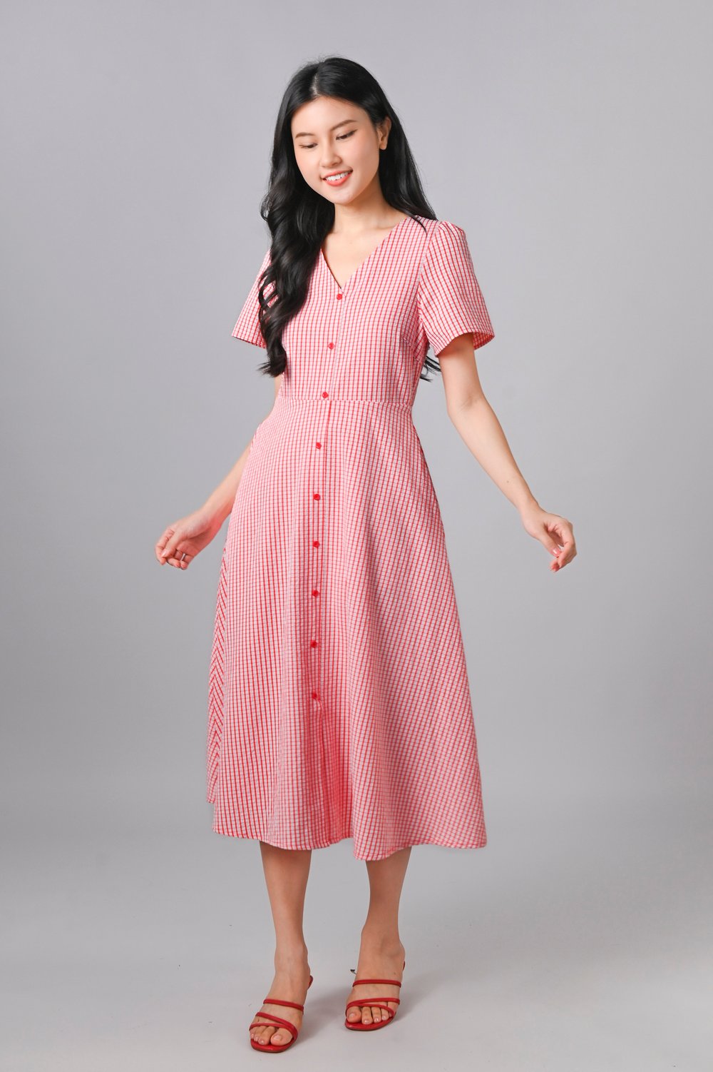 LISTAIR RED GRID SLEEVED BUTTON MIDI DRESS