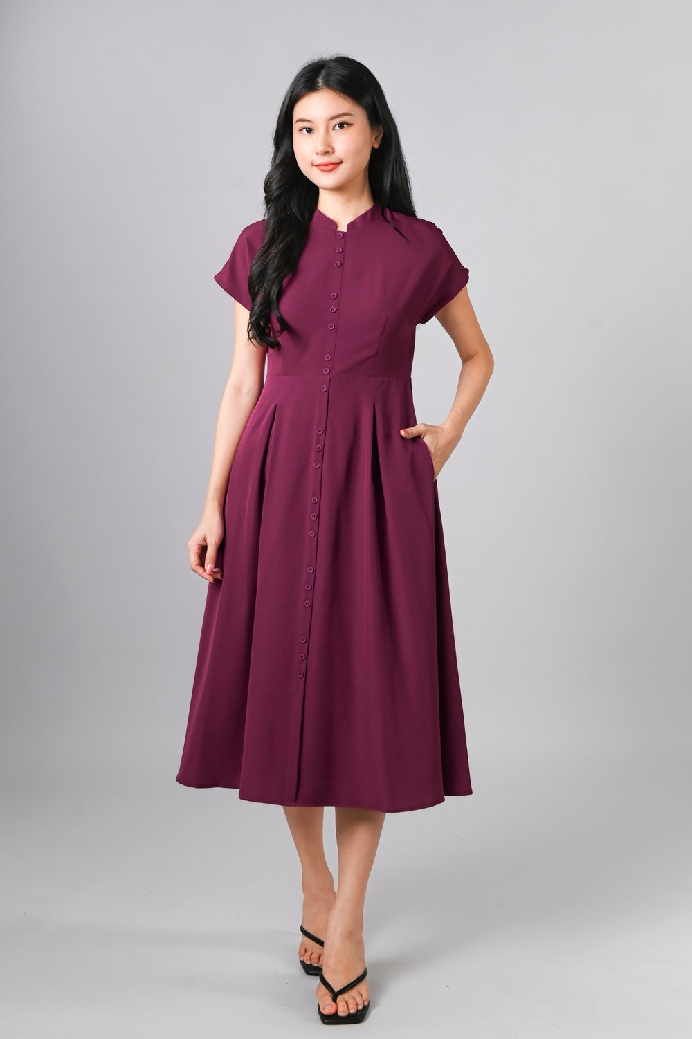 ZINING SLEEVED CHEONGSAM MIDI DRESS IN MAGENTA