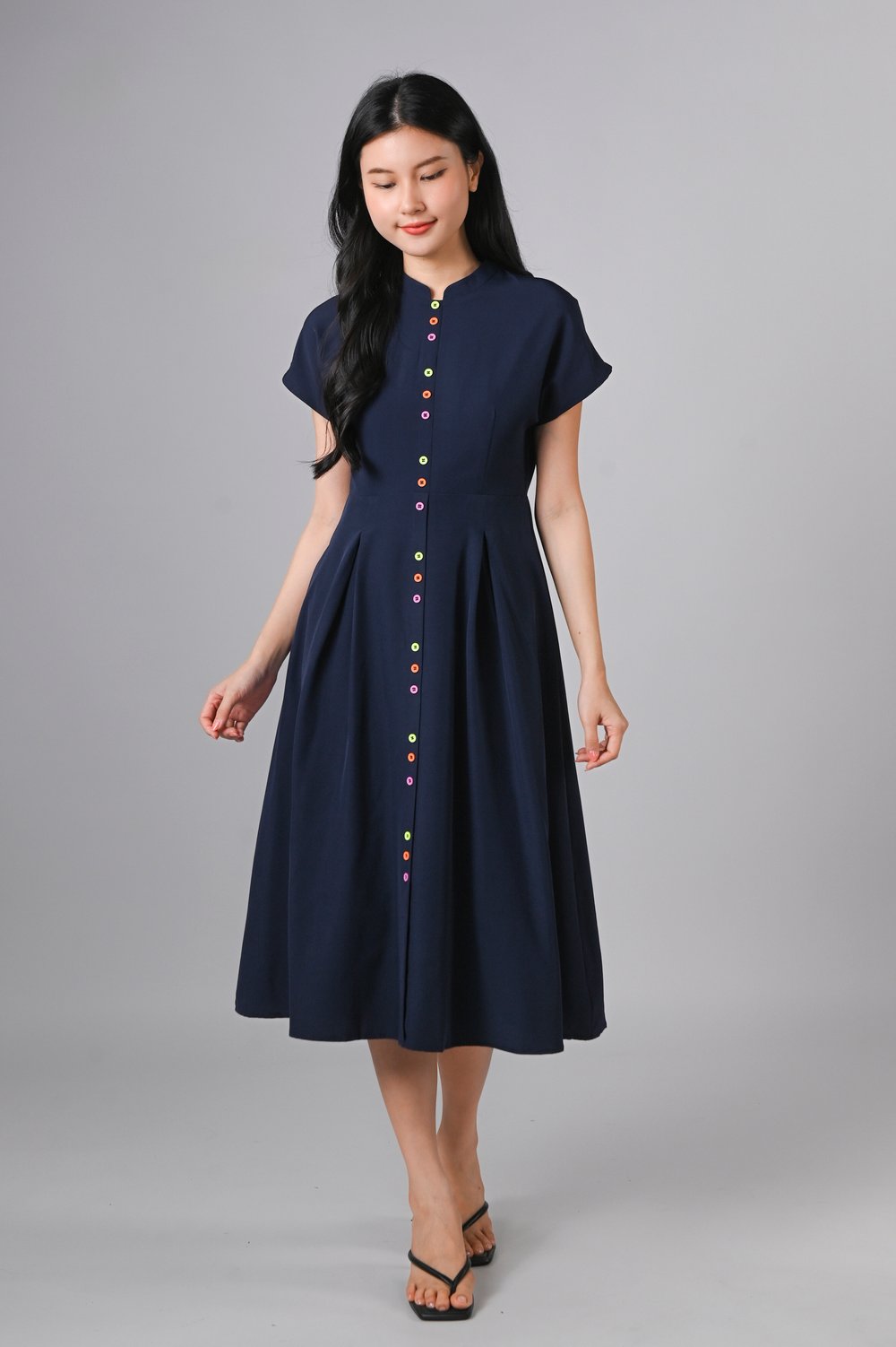 ZINING SLEEVED CHEONGSAM MIDI DRESS IN NAVY