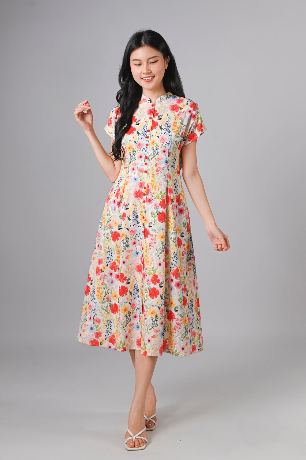 ZISHAN VIBRANT FLORAL SLEEVED CHEONGSAM MIDI DRESS