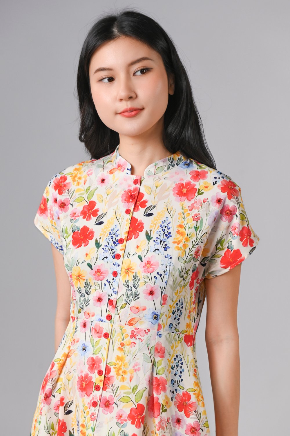 ZISHAN VIBRANT FLORAL SLEEVED CHEONGSAM MIDI DRESS