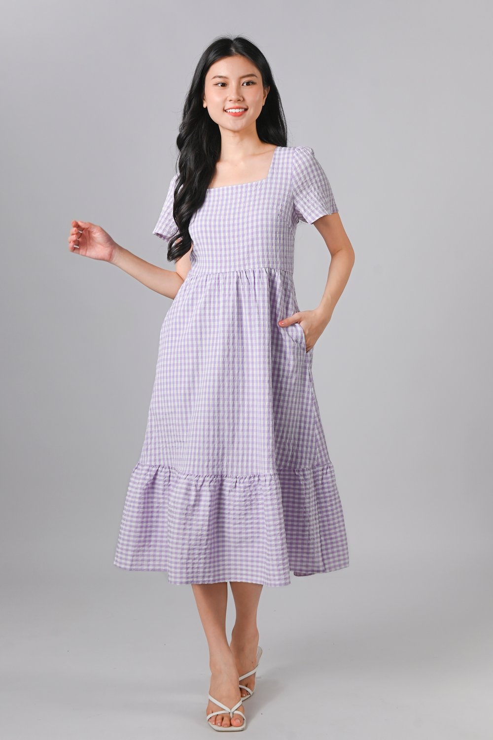 PENELOPE GINGHAM SQUARE-NECK SLEEVED DRESS IN LILAC