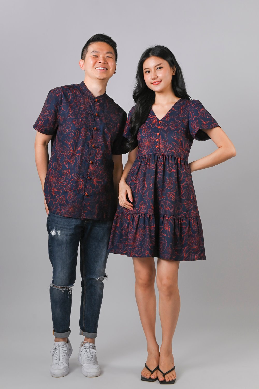 EMBER GLOW SLEEVED BUTTON FLOUNCE DRESS