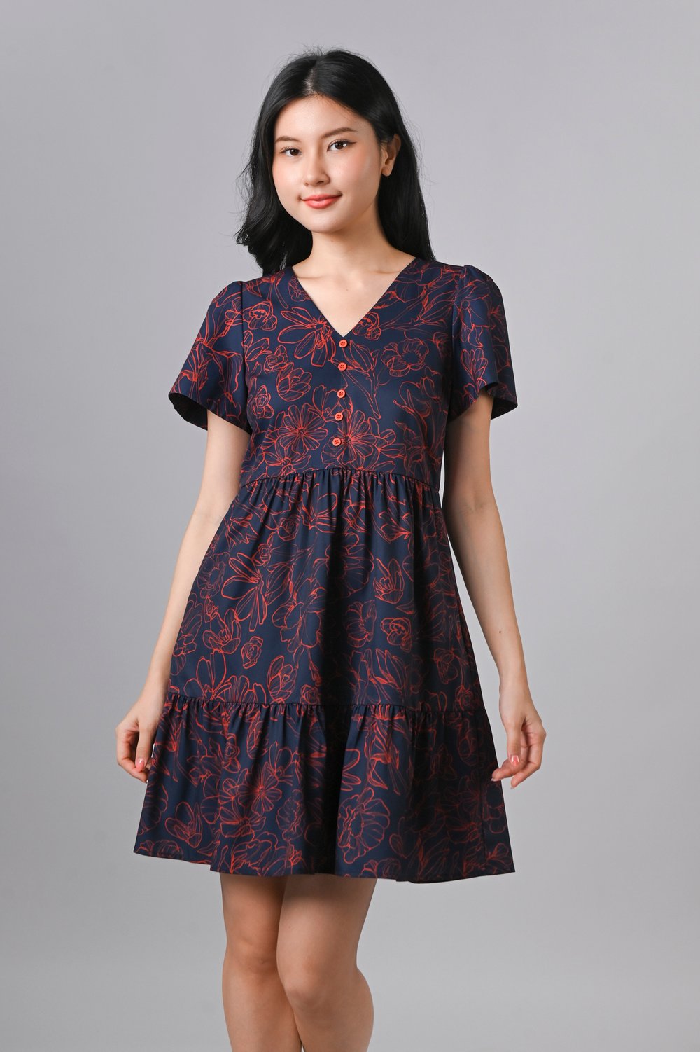 EMBER GLOW SLEEVED BUTTON FLOUNCE DRESS