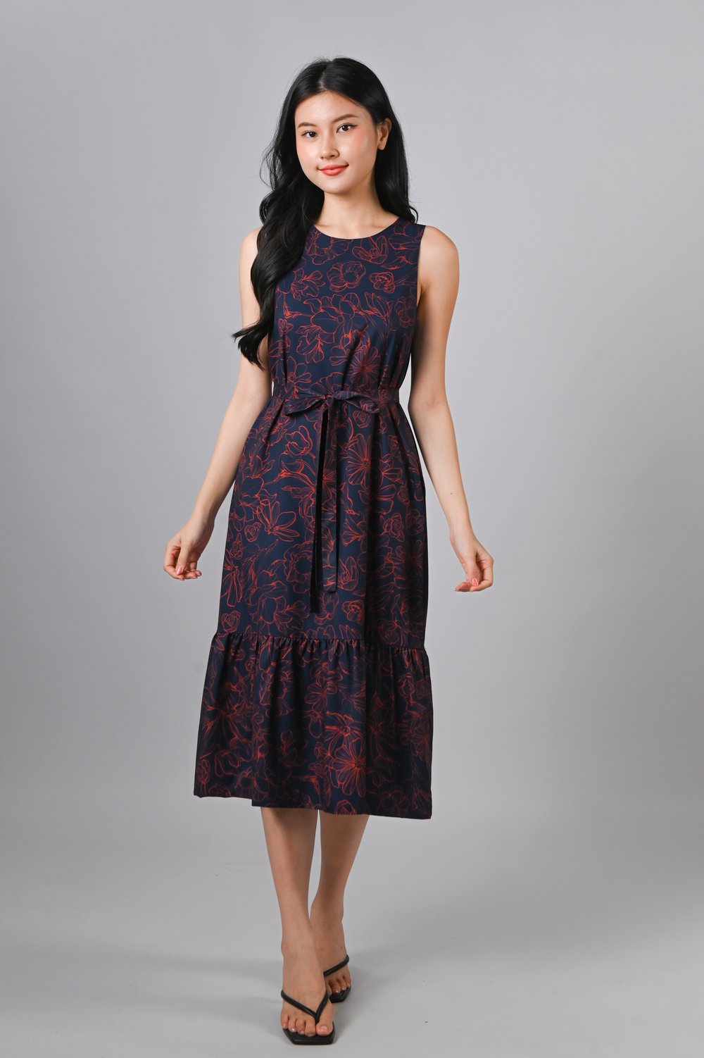 EMBER GLOW SLEEVELESS DROPWAIST MIDI DRESS