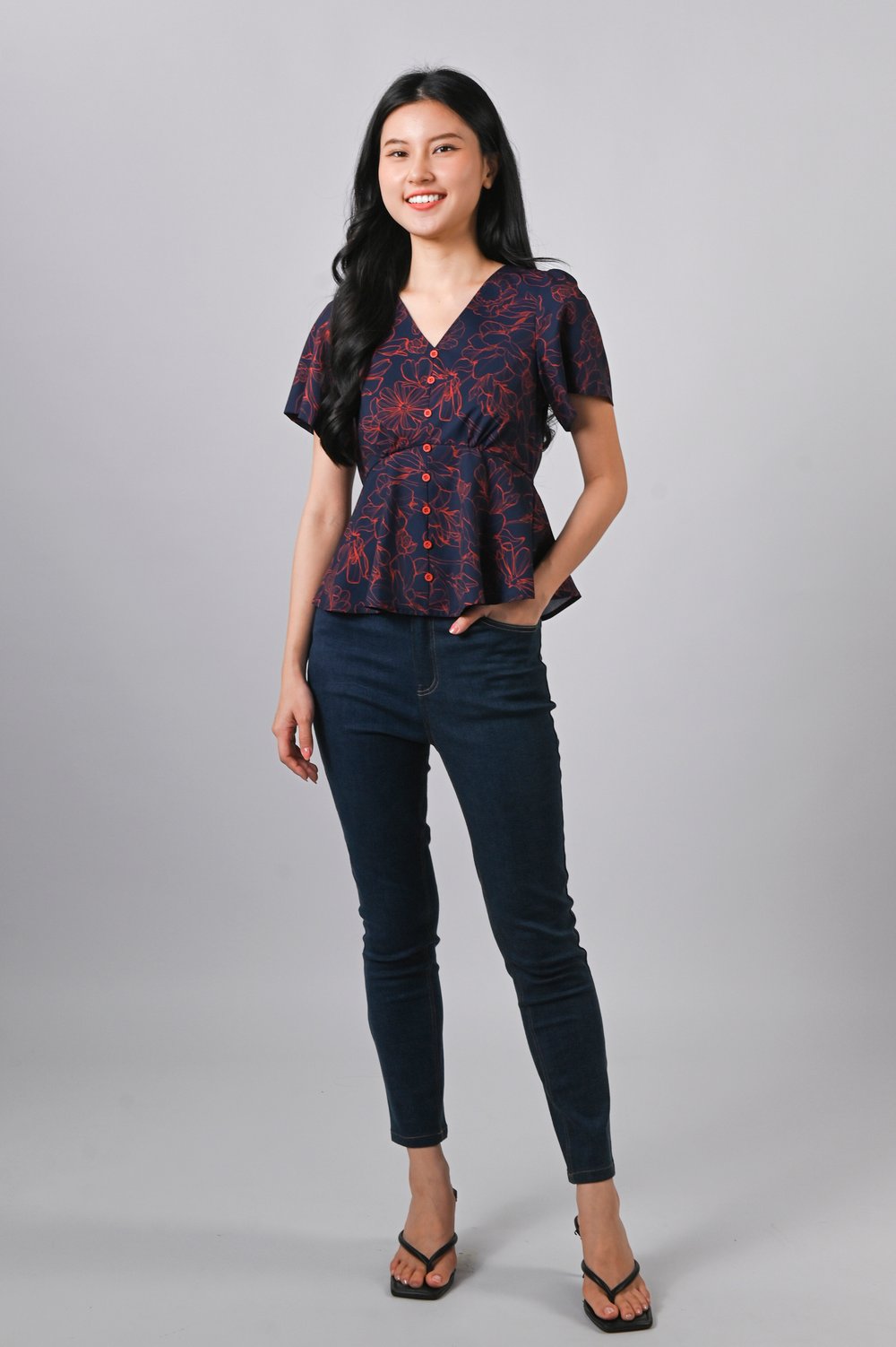EMBER GLOW SLEEVED BUTTON PEPLUM TOP