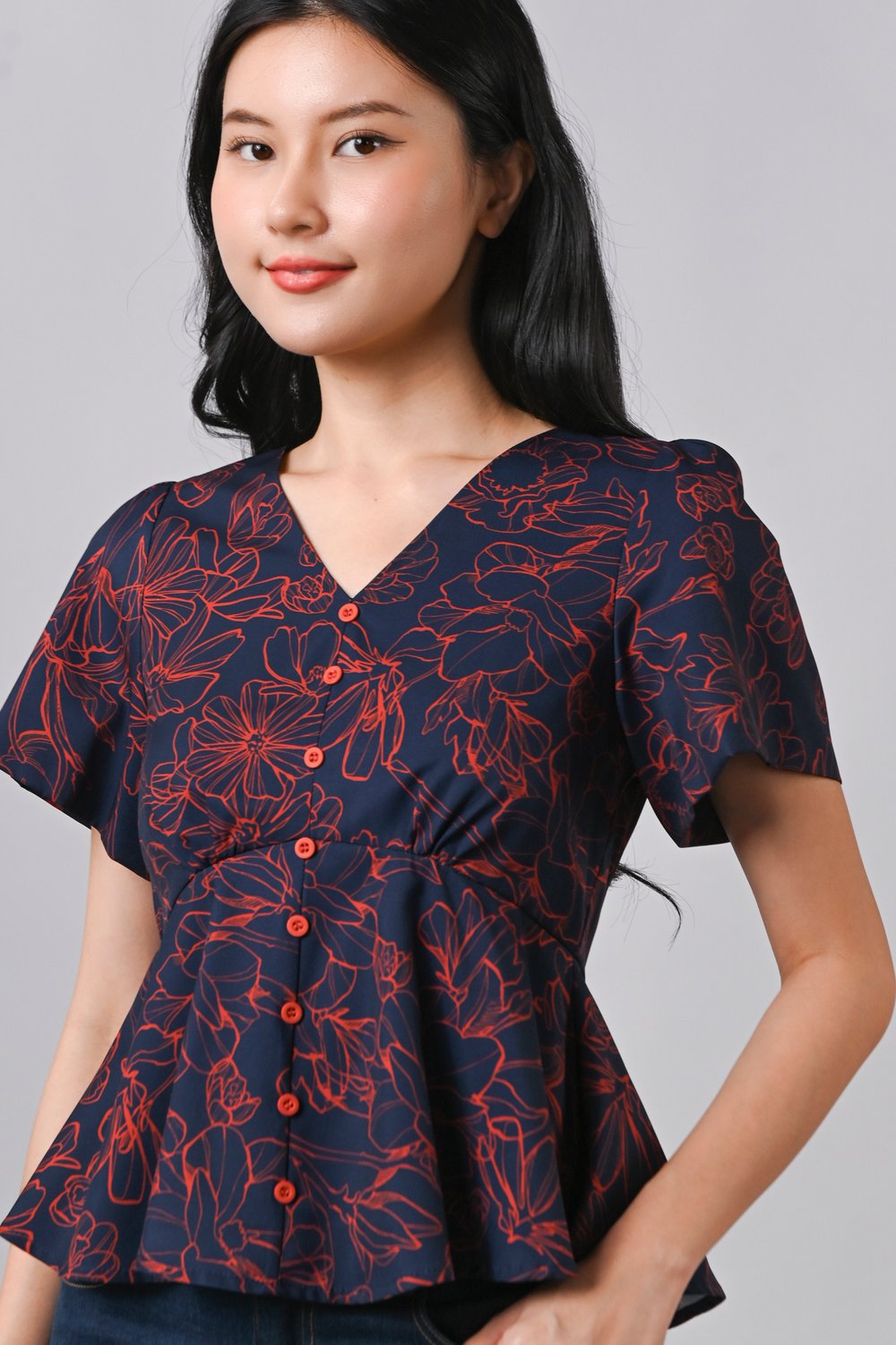 EMBER GLOW SLEEVED BUTTON PEPLUM TOP