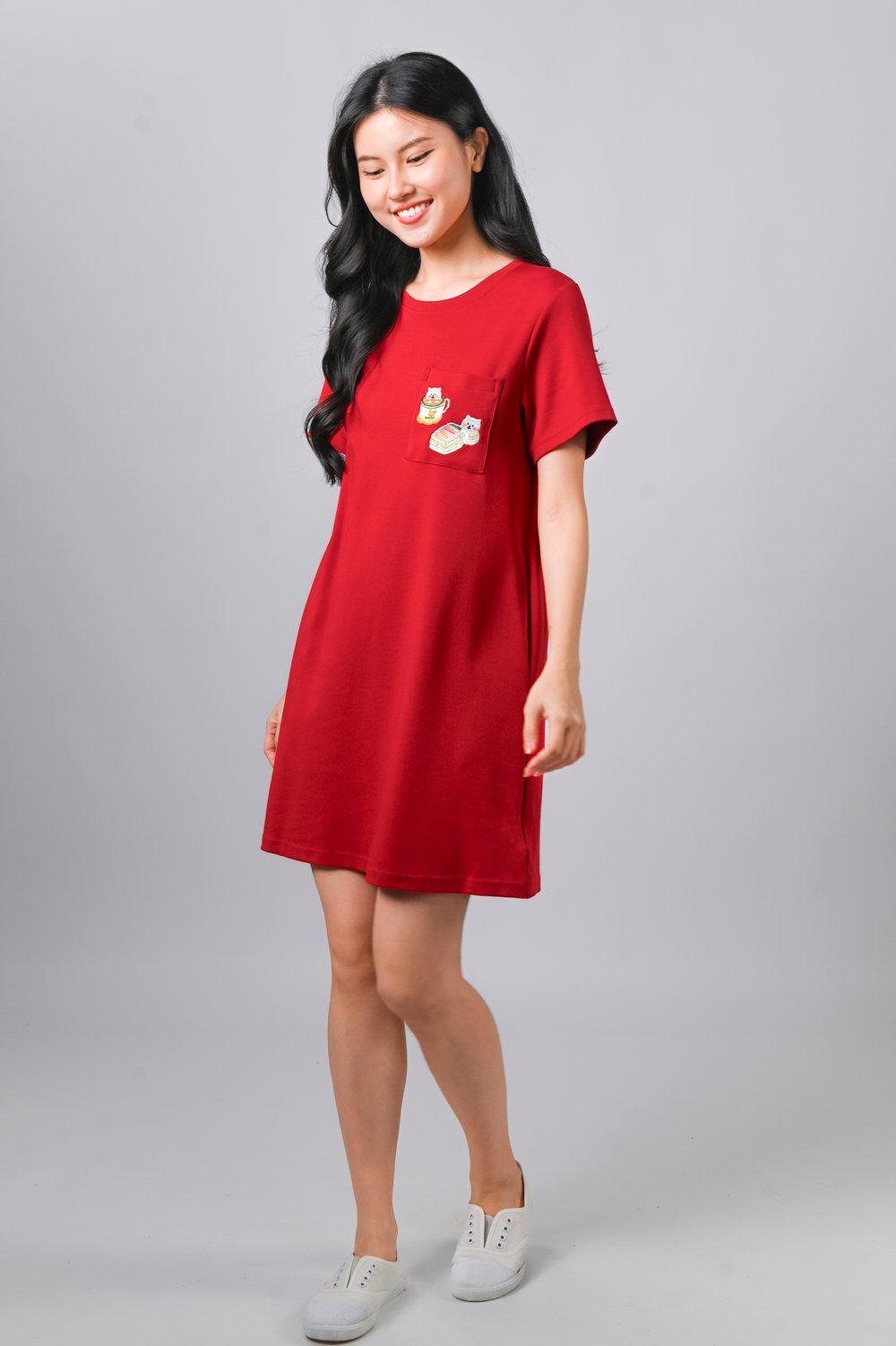 FESTIVE PAWTY RED EMB. TEE DRESS