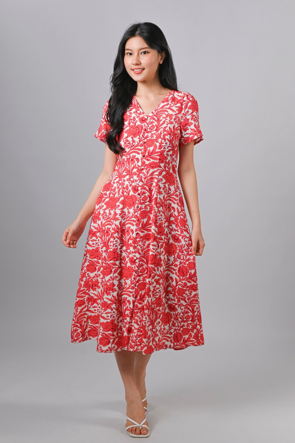 PIERCE RED ABSTRACT FLORAL SLEEVED BUTTON MIDI DRESS