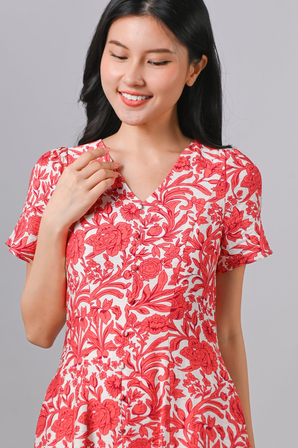 PIERCE RED ABSTRACT FLORAL SLEEVED BUTTON MIDI DRESS