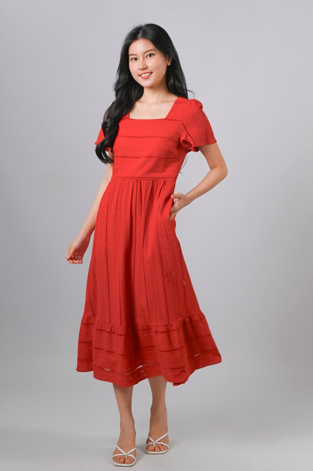 YORK EYELET SQUARE-NECK SLEEVED MIDI DRESS IN RED
