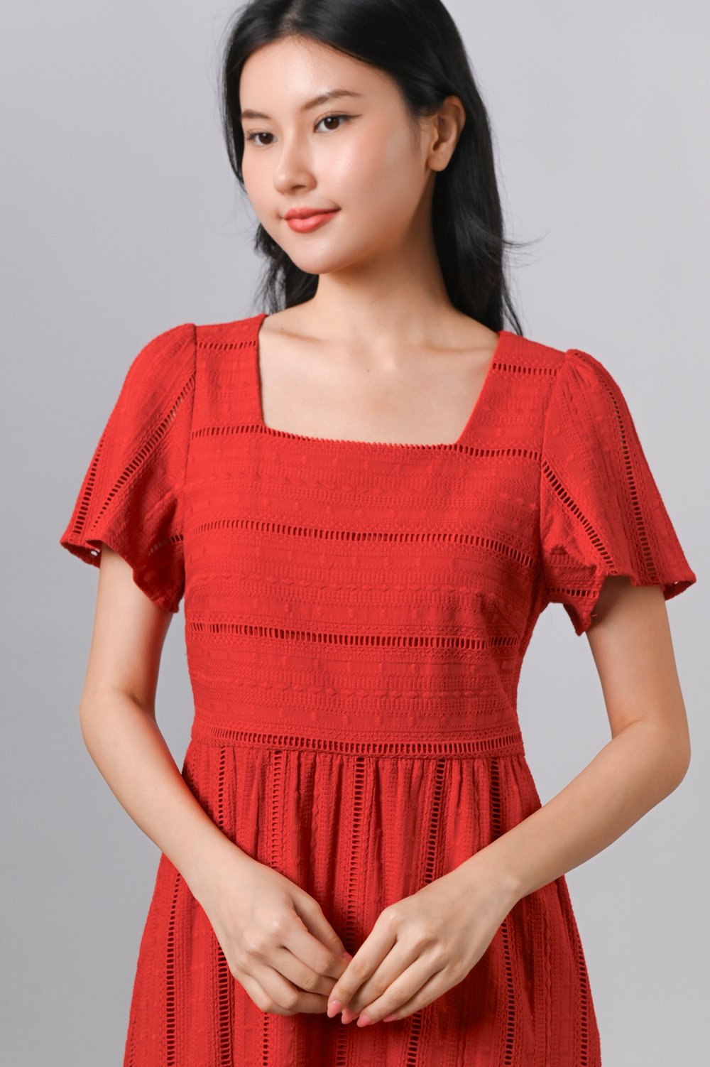 YORK EYELET SQUARE-NECK SLEEVED MIDI DRESS IN RED